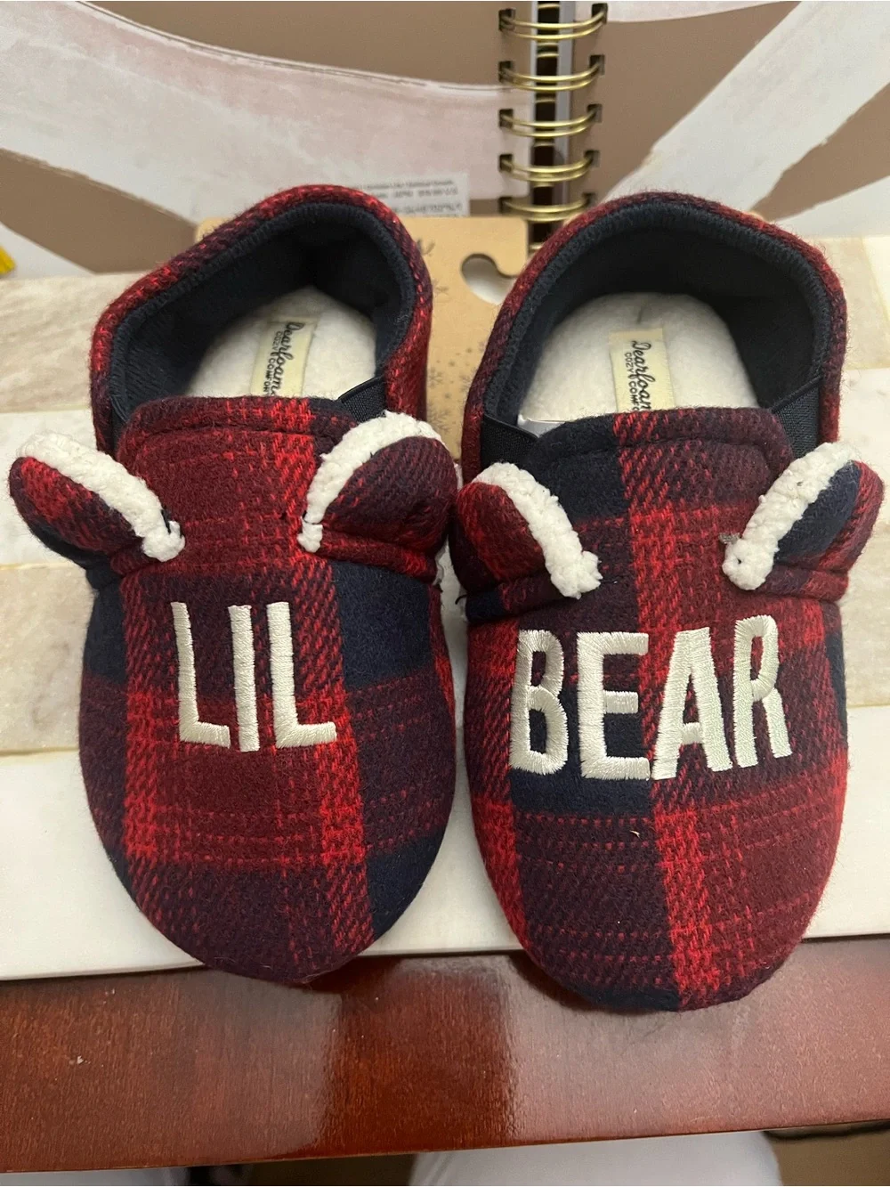 dearfoams Lil Bear Red and Black Plaid Memory Foam Slippers - Kids